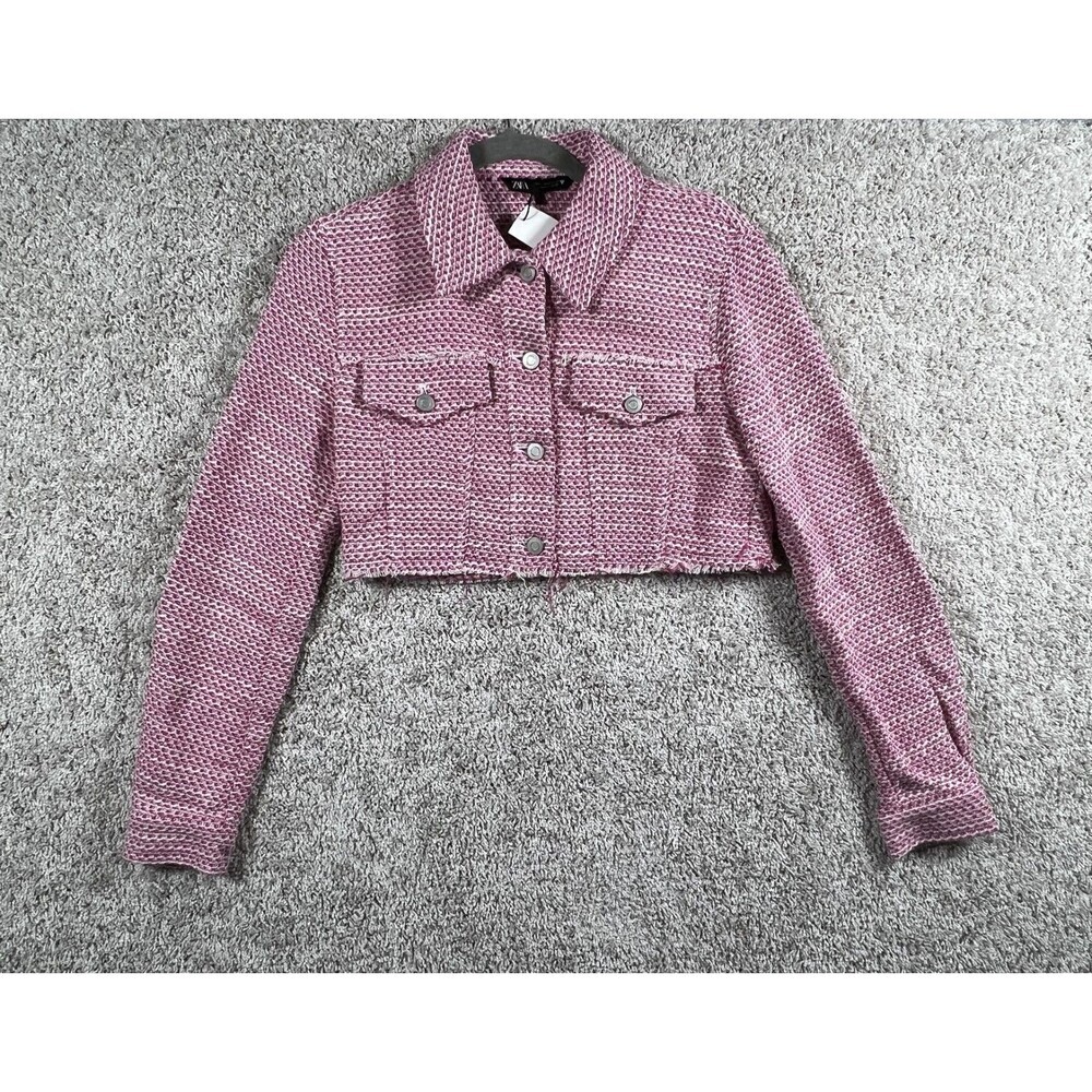 Zara Pink Tweed Cropped Jacket XS Women Frayed Button Front Boucle